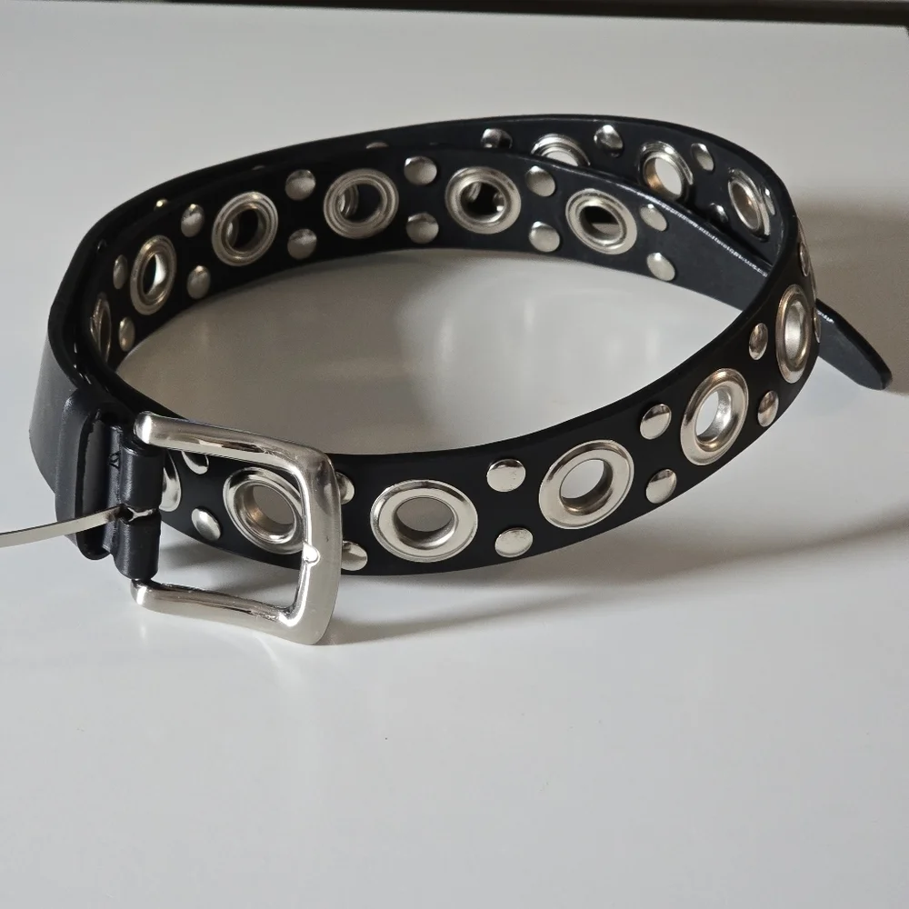 Black Faux Leather and Silver Studded Grommet Belt - Picture 1 of 4